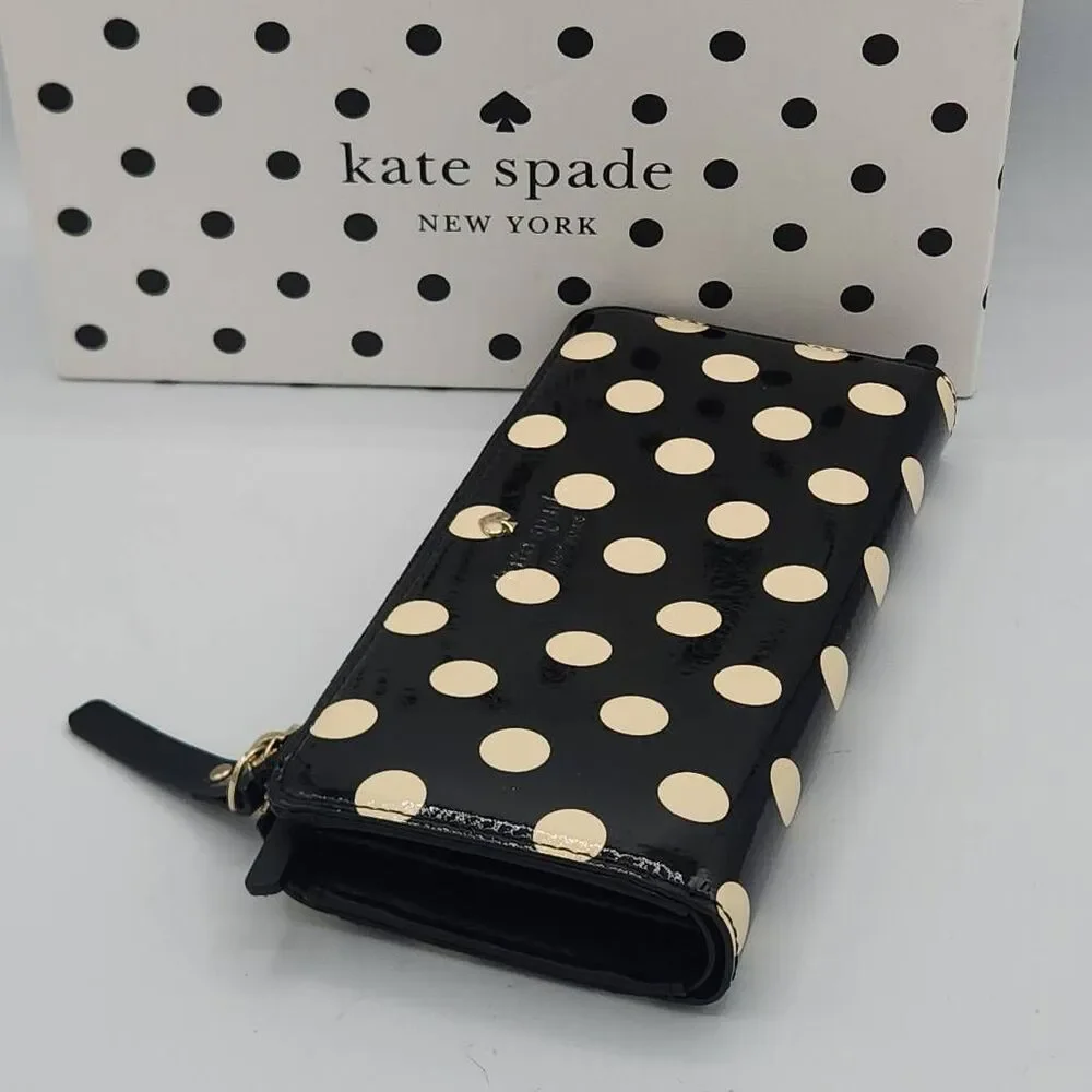 Kate Spade charming dot black and cream zip around wallet with gift box